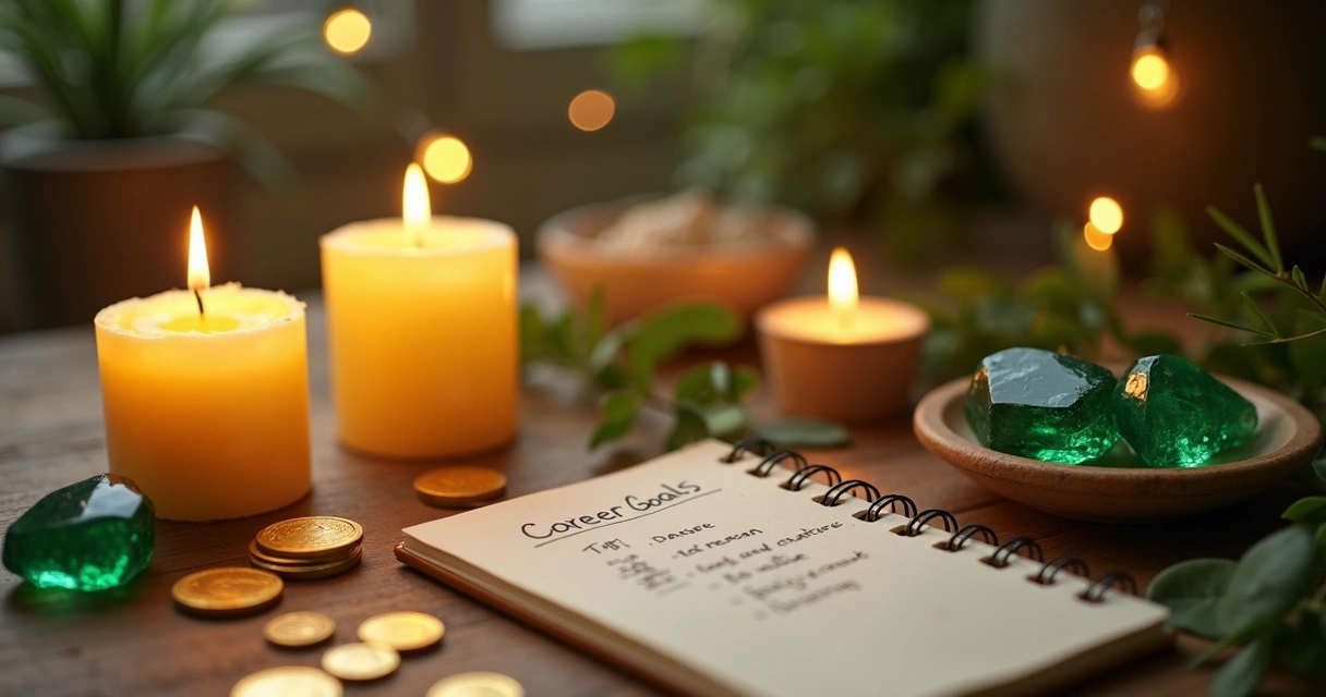 Mesa com objetos para rituais de prosperidade no trabalho, com velas, moedas, cristais e folhagens verdes