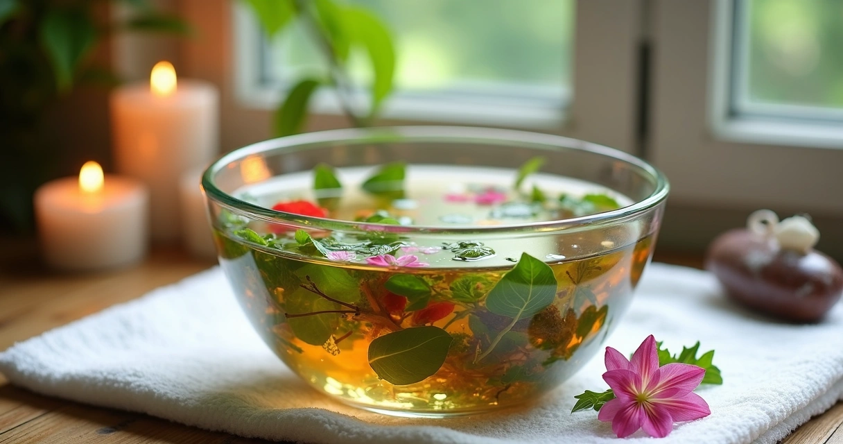 Banho energético com ervas em recipiente de vidro sobre toalha branca em ambiente iluminado