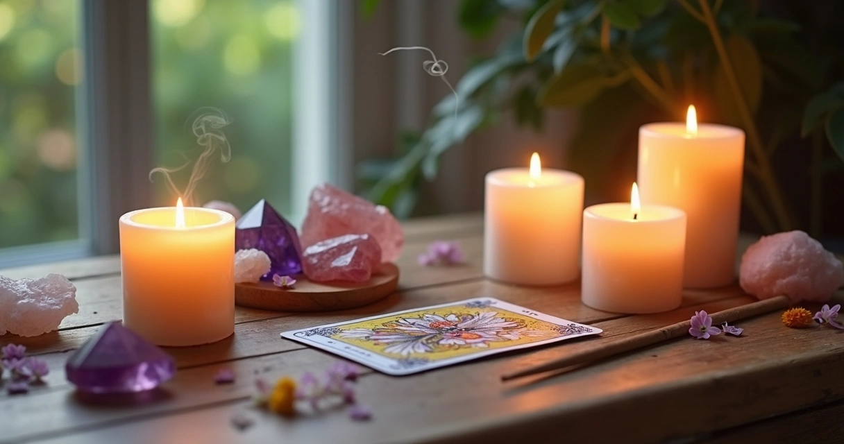 Mesa com elementos esotéricos para rituais de autoestima, com velas acesas, cristais coloridos, incenso e flores ao redor