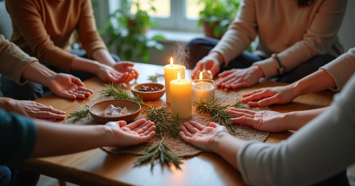 Grupo de pessoas realizando ritual de limpeza energética familiar com velas e ervas em ambiente acolhedor
