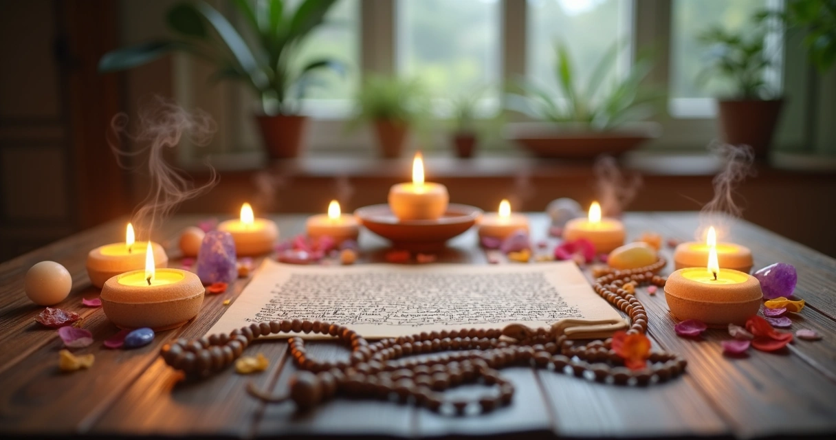 Mesa com velas acesas, cristais brilhantes e flores dispostas para ritual de gratidão esotérica