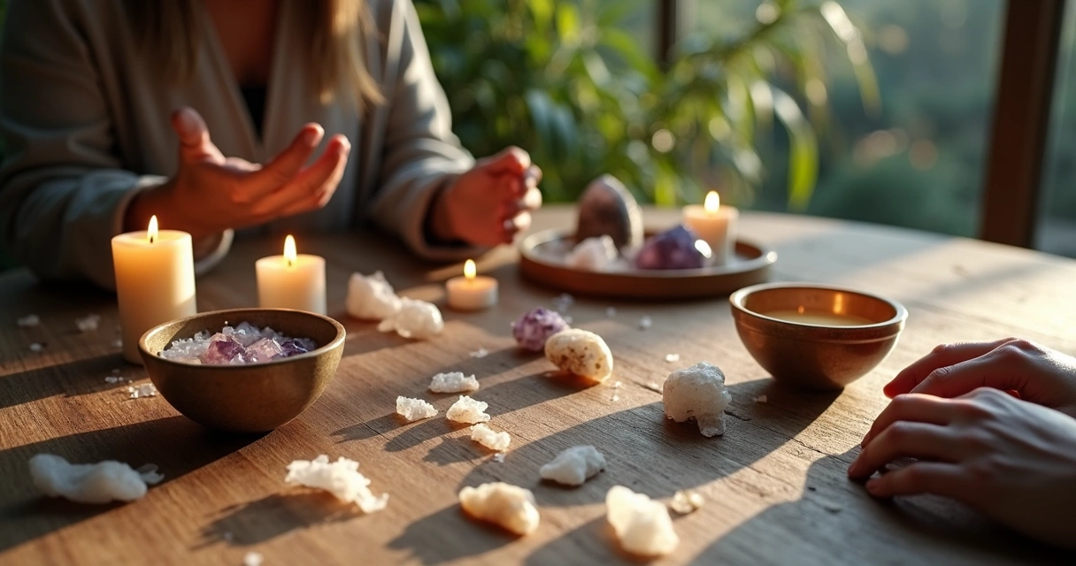 Mesa de ritual com objetos espirituais organizados, mostrando detalhes de velas apagadas e cristais desarrumados