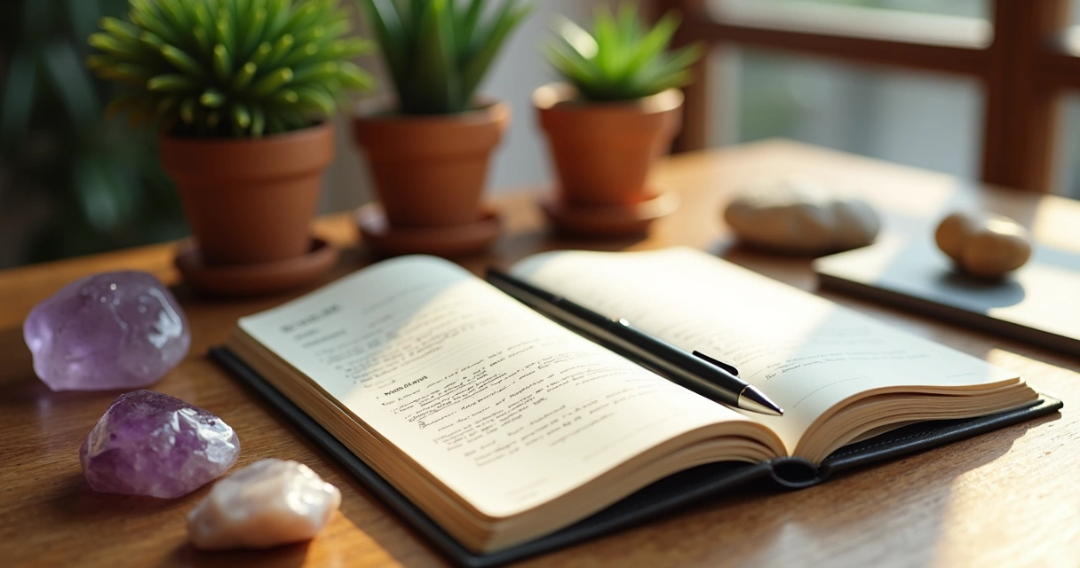 Mesa com caderno aberto e caneta, plantas e pedras ao redor em ambiente tranquilo e iluminado