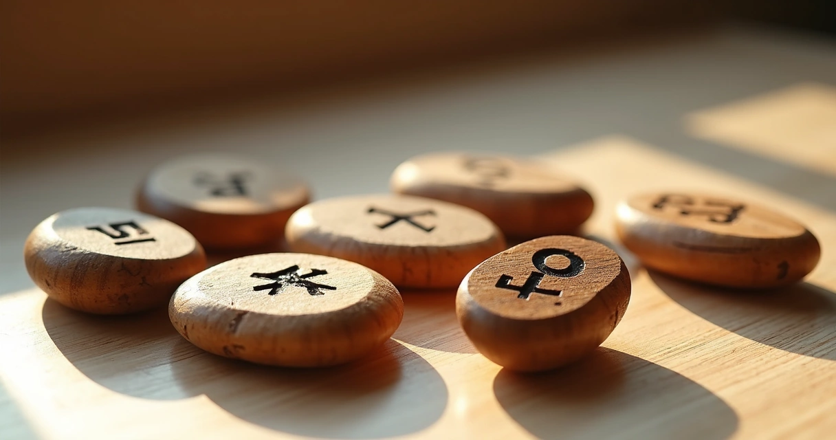 Runas gravadas em pequenas placas de madeira sobre fundo neutro