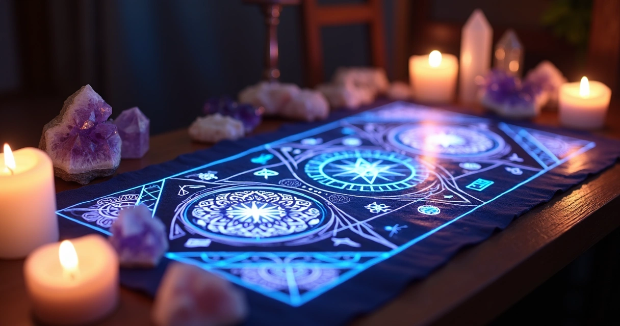 Mesa radiônica com símbolos místicos iluminados sobre uma mesa de madeira com cristais e velas acesas ao redor