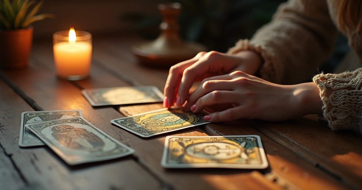 Mãos femininas sobre mesa de madeira com cartas de tarot espalhadas, luz suave e vela acesa ao fundo