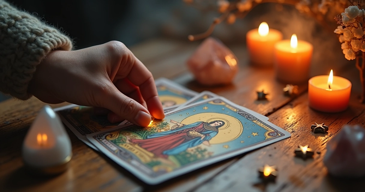 Mão revelando cartas de tarot espiritual em mesa com cristais, velas acesas e ambiente místico