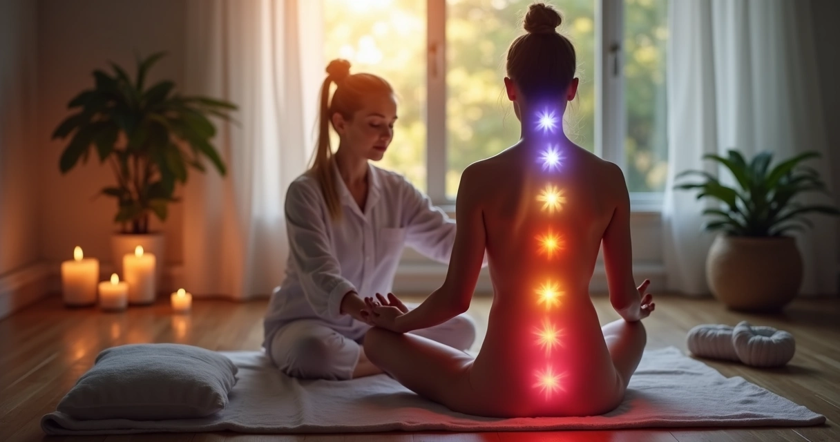 Terapeuta aplicando reiki nas mãos sobre paciente com chakras iluminados