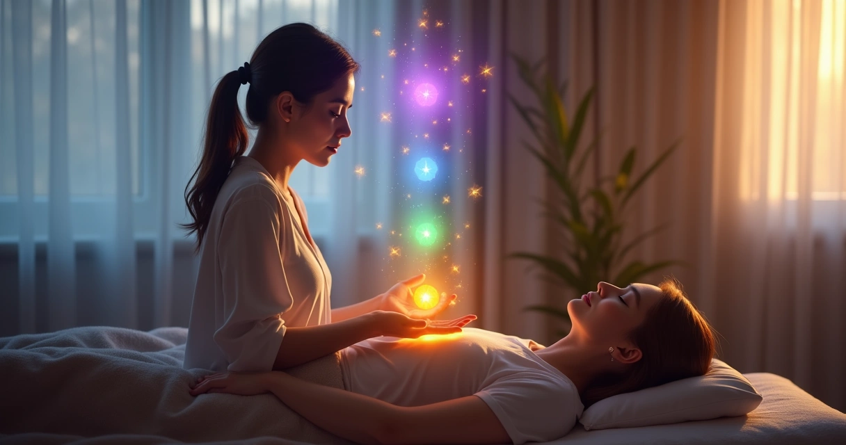 Terapeuta praticando Reiki com mãos iluminadas sobre peito de pessoa, aura e chakras brilhando ao fundo