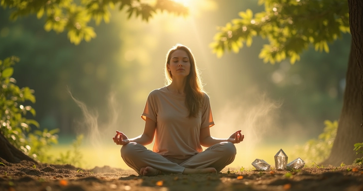 Pessoa meditando sentada em ambiente natural com luz suave e elementos energéticos ao redor