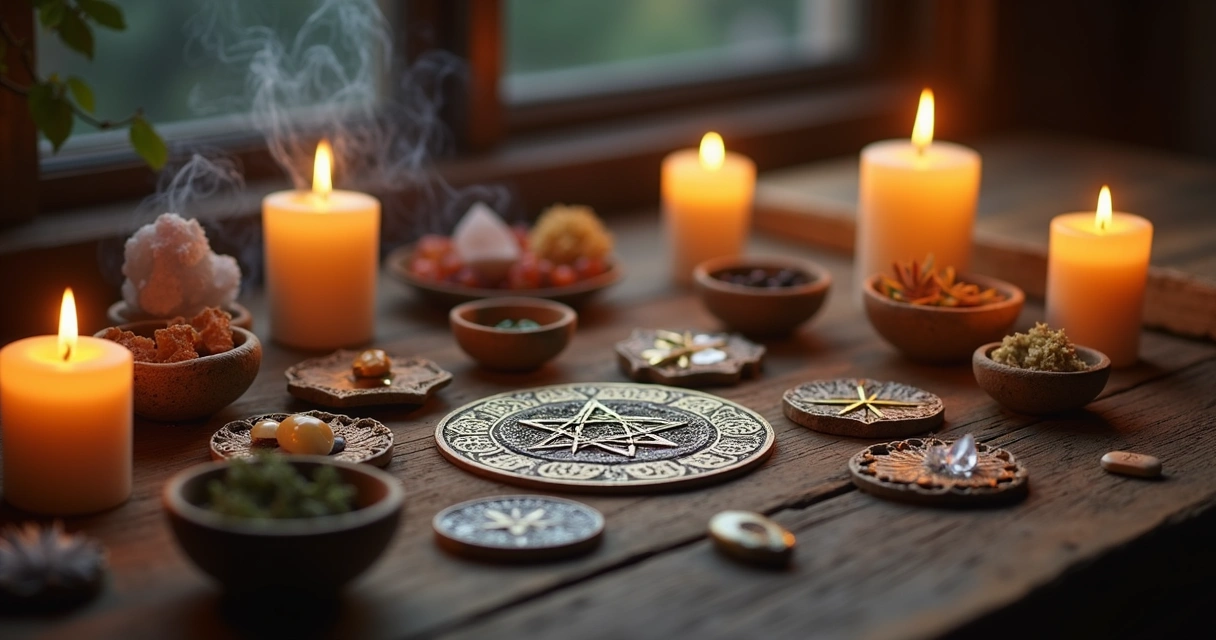 Talismãs e amuletos sobre mesa de madeira com velas acesas e elementos ritualísticos em ambiente iluminado
