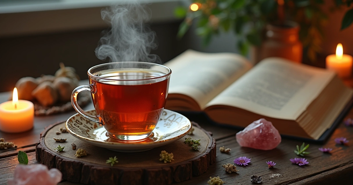 Xícara fumegante de chá com ervas, ao lado de cristais, velas acesas e livros antigos sobre magia