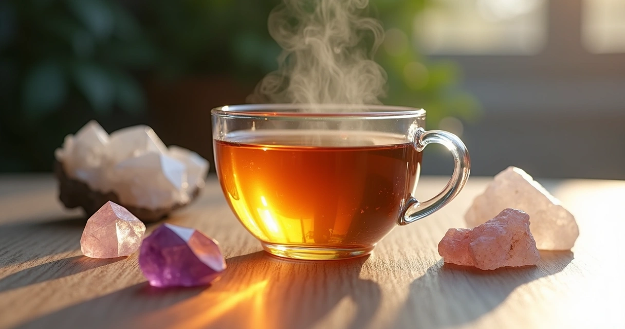 Xícara com chá transparente cercada por cristais coloridos e naturais sobre mesa de madeira clara, luz suave e ambiente acolhedor