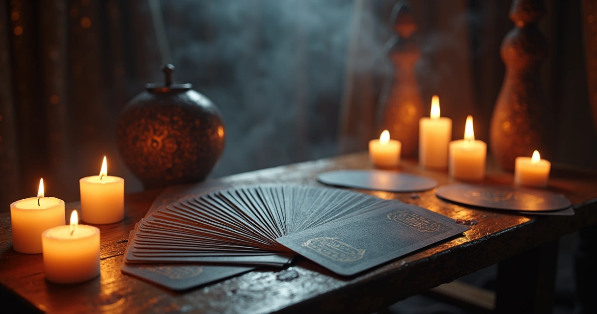 Mesa com cartas de oráculo das sombras, velas acesas e ambiente escuro e místico