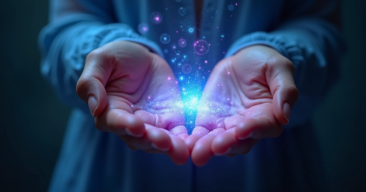 Mãos femininas cortando cordões energéticos luminosos azuis e violetas em um fundo escuro com aura brilhante e símbolos esotéricos suaves ao redor