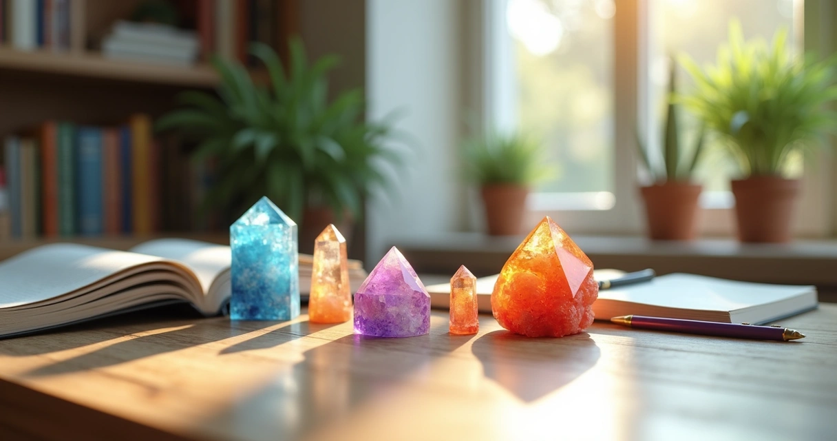 Cristais variados sobre mesa de madeira clara, entre cadernos e caneta, com luz natural iluminando a cena