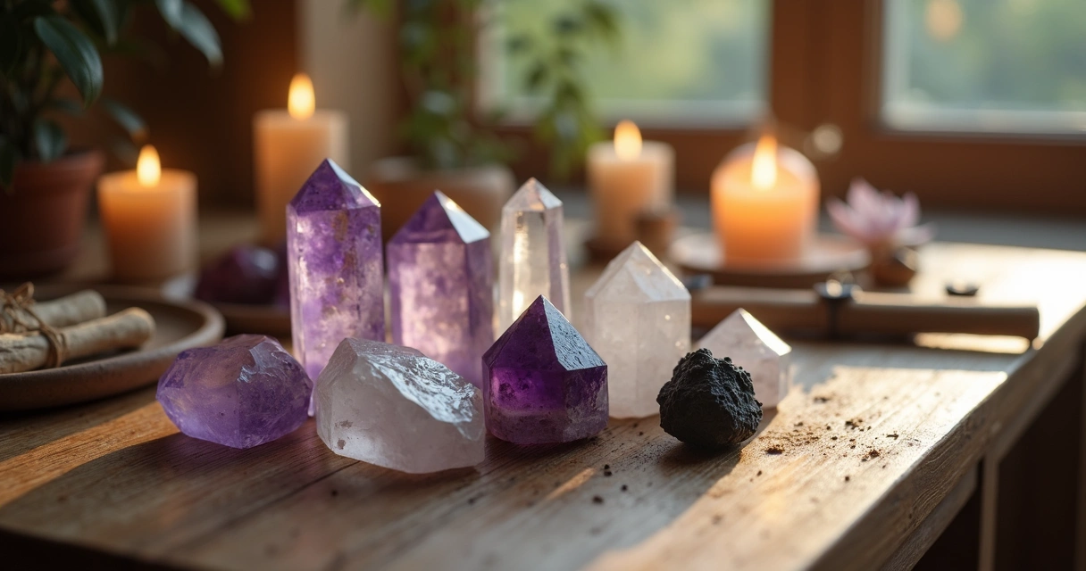 Cristais variados sobre mesa de madeira com luz suave e elementos místicos ao redor