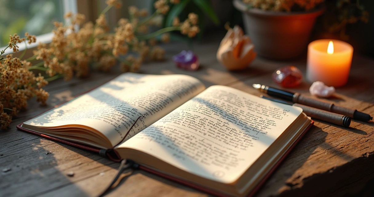 Páginas abertas de um diário espiritual com escrita à mão e símbolos esotéricos ao redor