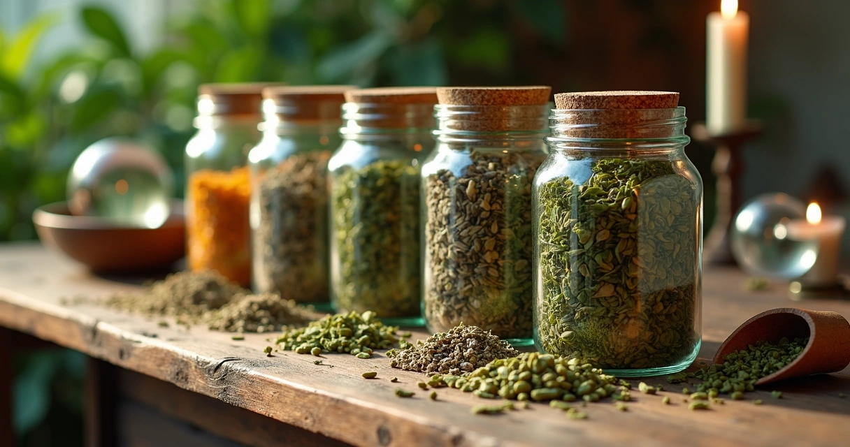 Frascos com ervas para dinheiro rápido organizados sobre mesa de madeira com luz natural
