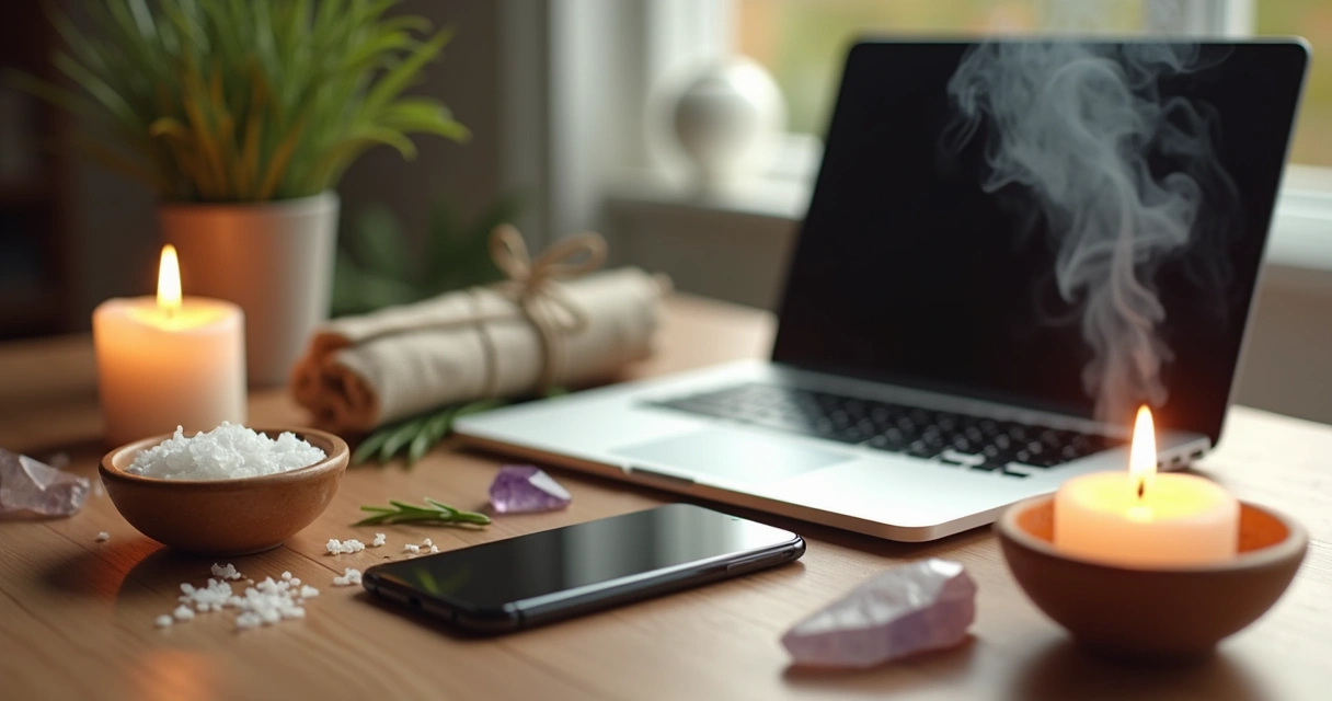 Celular e computador em uma mesa com elementos de limpeza energética ao redor