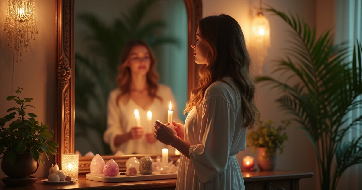 Mulher em frente a um espelho grande segurando uma vela, ambiente com luz suave e elementos místicos ao redor, como cristais e plantas