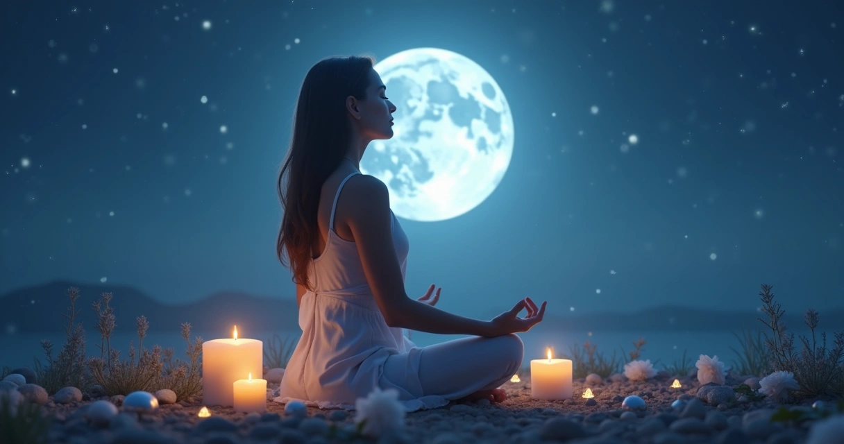Mulher meditando sob a lua cheia brilhante em noite clara, com cristais e velas ao redor