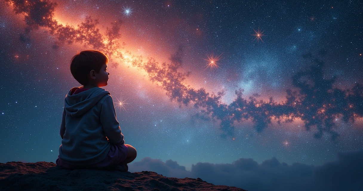 Criança olhando um mapa astral colorido com símbolos astrológicos e estrelas brilhantes ao redor