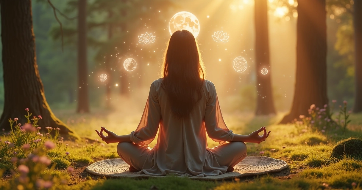 Mulher sentada em posição de meditação ao ar livre, rodeada por elementos naturais e símbolos do sagrado feminino, com luz suave e atmosfera serena
