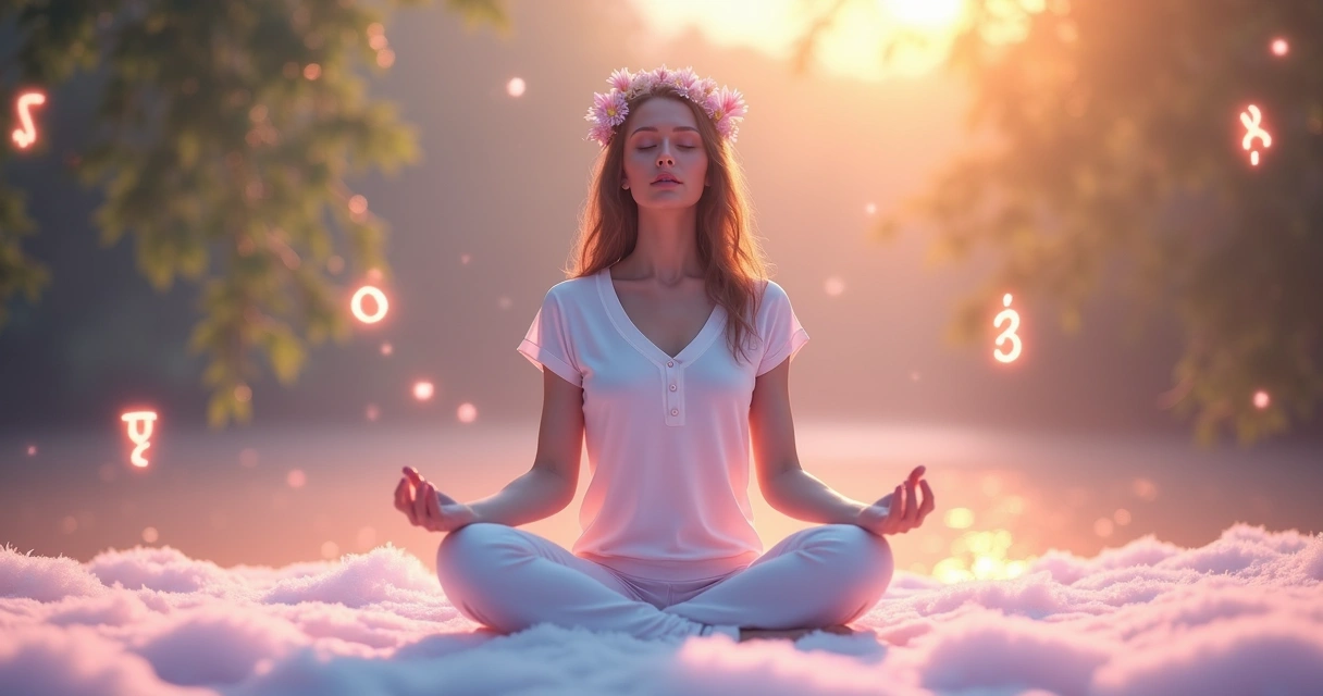 Mulher meditando com olhos fechados, cercada por luz suave e símbolos de mantras flutuando ao redor