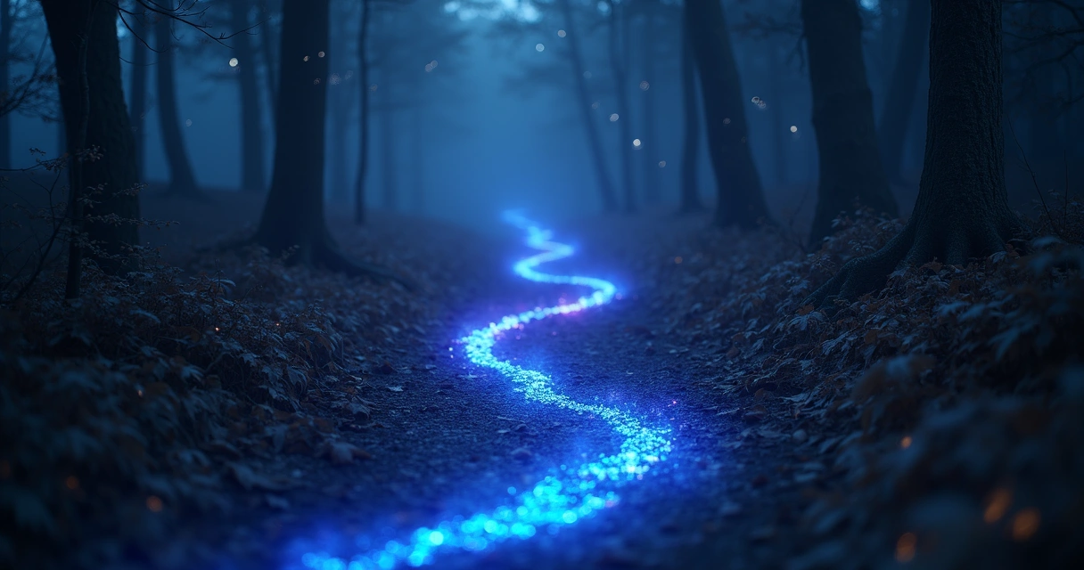 Cena mística com pegadas luminosas em um caminho sombrio iluminado por luzes astrais azuis e roxas