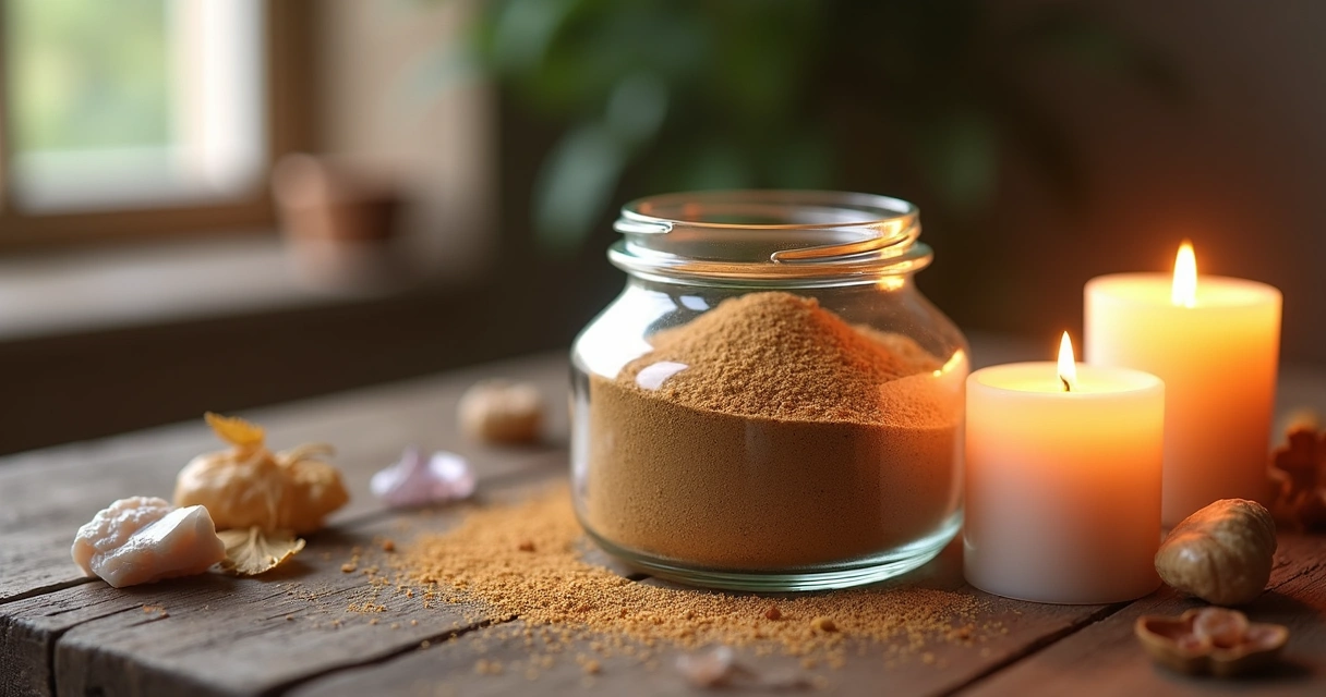 Pote de vidro contendo pó de benjoim sobre uma mesa de madeira com velas acesas e folhas secas ao redor