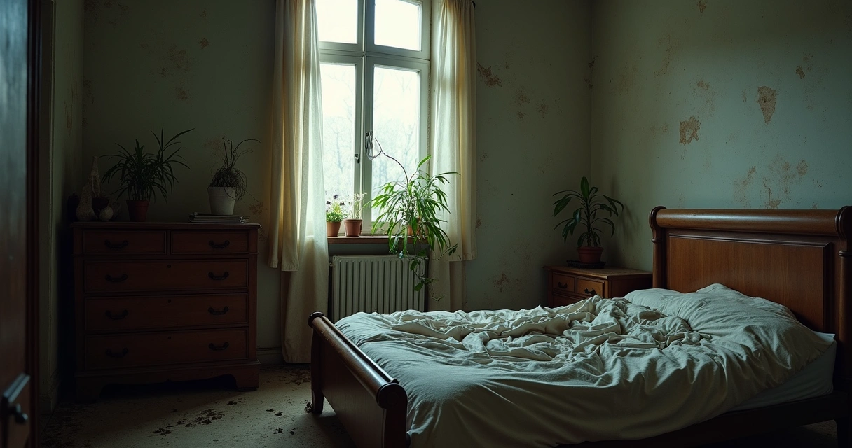 Quarto com luz fraca, móveis envelhecidos e plantas murchas mostrando ambiente com energia estagnada