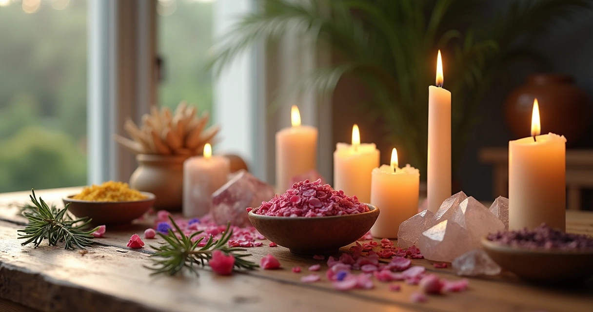 Mesa com velas acesas, cristais, flores e elementos de ritual para adoçamento de amizades e laços familiares