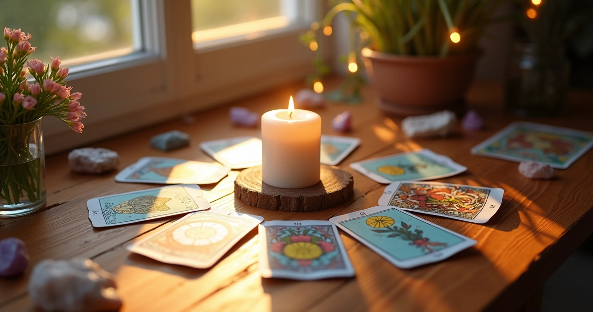 Mesa com cartas de tarot dispostas em círculo, vela acesa e cristais sobre superfície de madeira