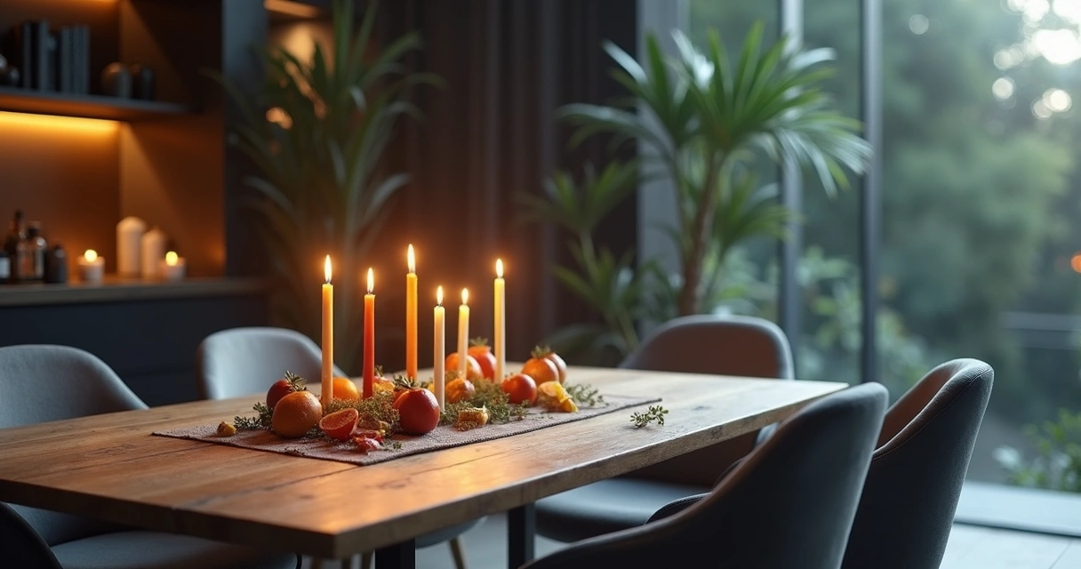 Mesa com velas acesas cruzadas, cristais e símbolos místicos para rituais de separação