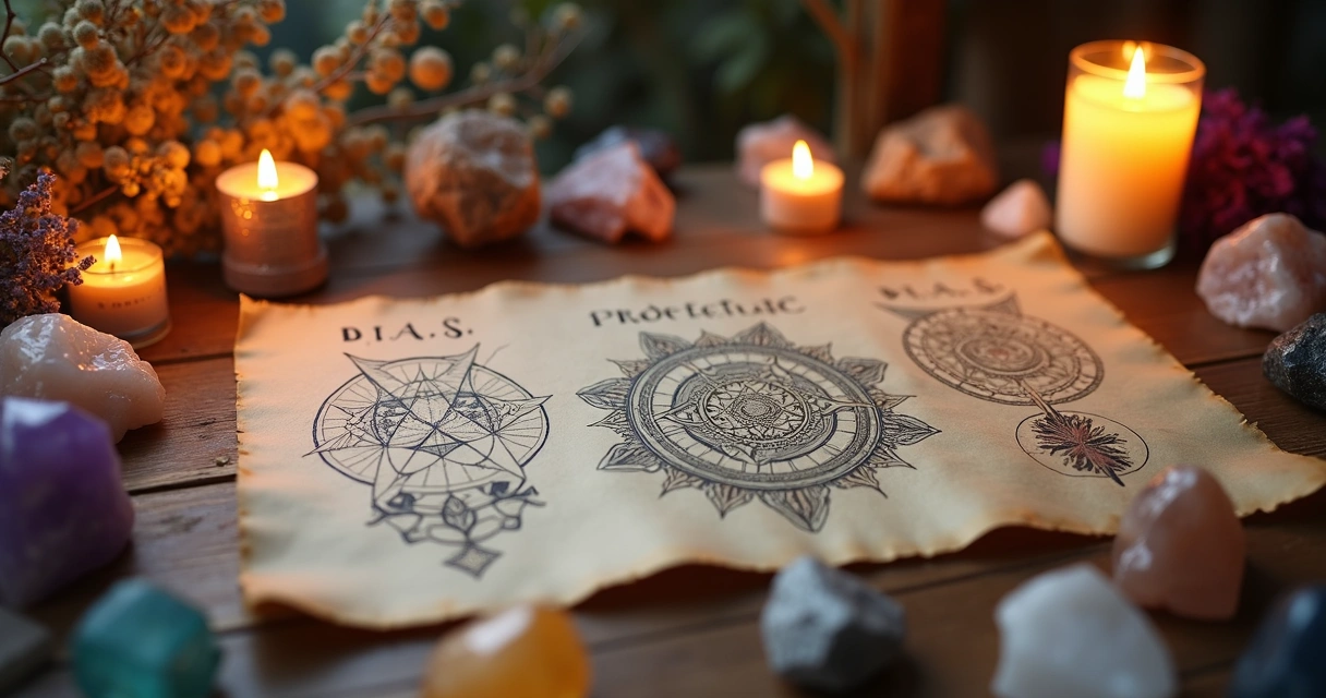 Mesa com papéis desenhados com sigilos místicos para amor, proteção e prosperidade, ao lado de velas acesas e cristais variados