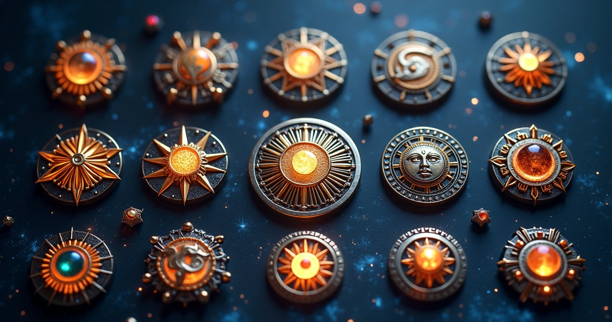 Talismãs personalizados representando os 12 signos solares alinhados em círculo sobre fundo cósmico azul escuro
