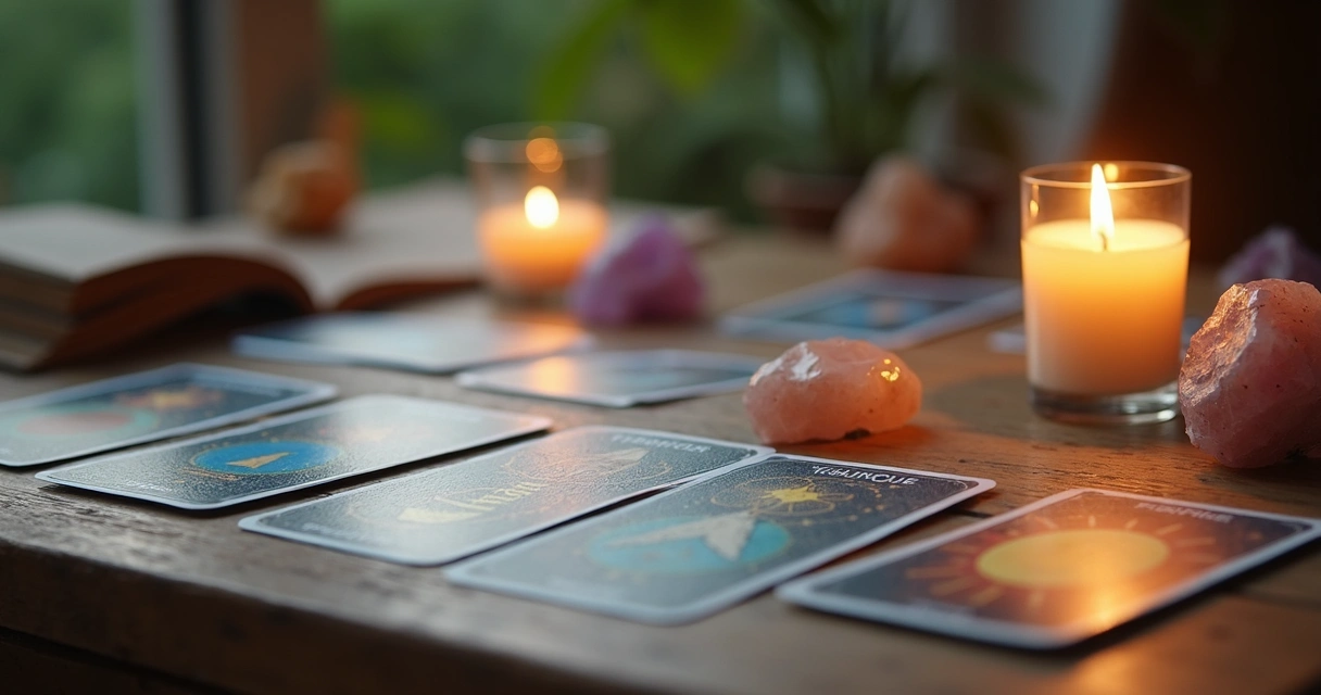 Mesa com cartas de tarô espalhadas, vela acesa e cristais para ritual de renovação