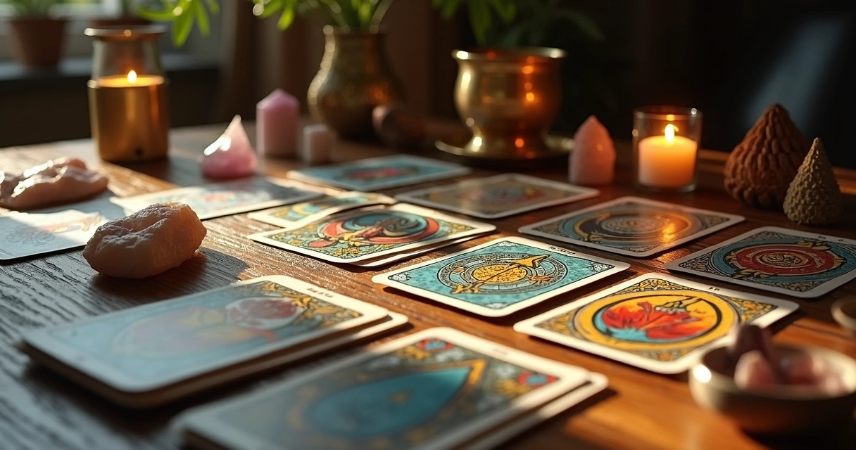 Mesa de madeira com cartas de tarot espalhadas em tiragem para desbloqueio criativo, iluminada por luz quente ambiente
