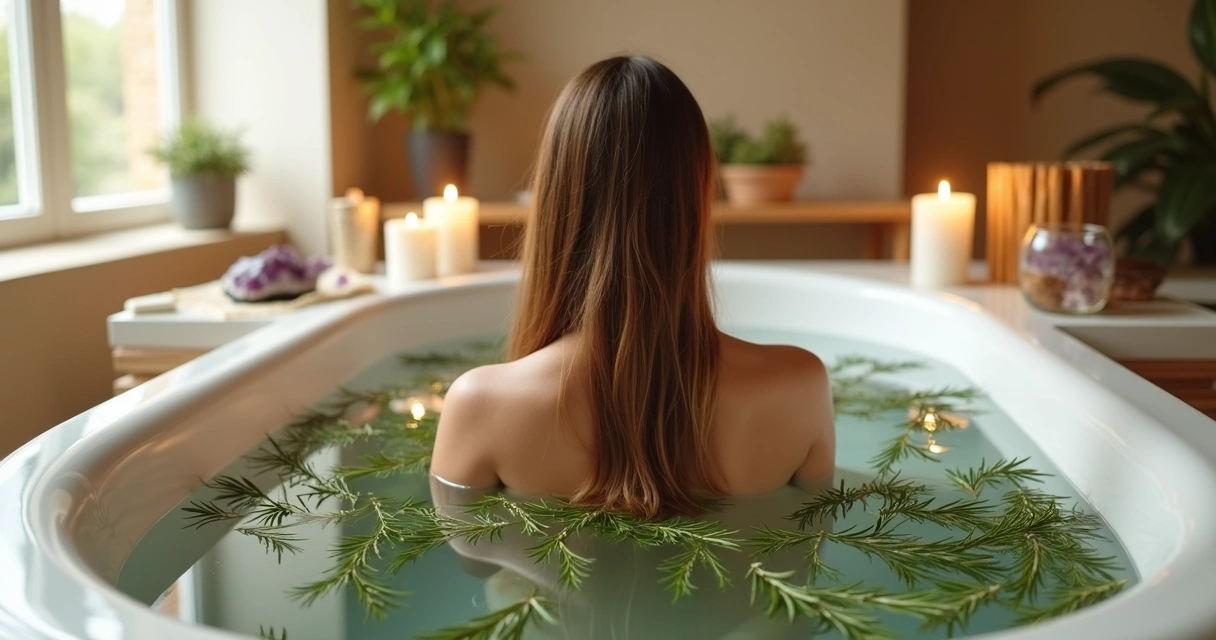 Mulher em banho relaxante com ramos de alecrim na água