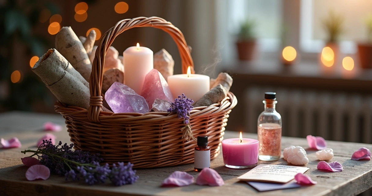 Cesta mística decorada com cristais, incensos e vela acesa sobre mesa de madeira