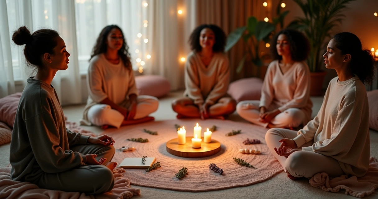 Mulheres sentadas em círculo fazendo visualização guiada com velas e luz suave