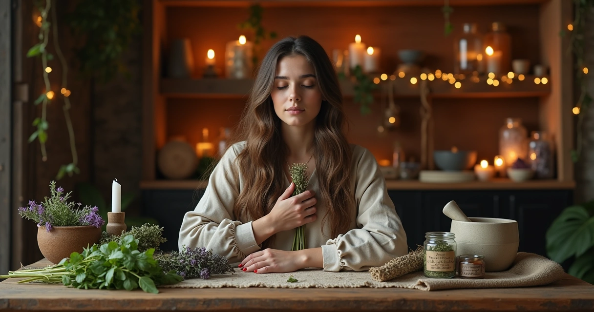 Mulher segurando ervas raras em ritual para elevar a autoestima