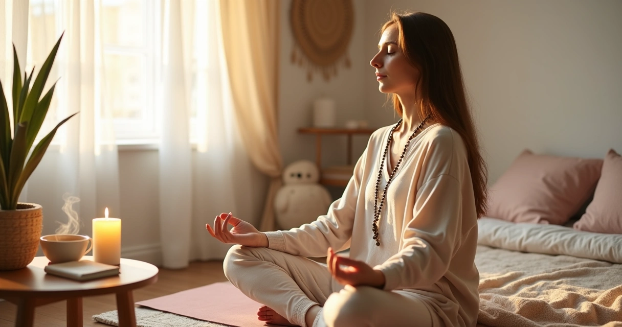 Mulher meditando ao amanhecer recitando mantra em ritual matinal simples