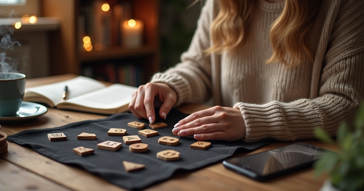 Mulher jovem segurando runa sobre mesa com símbolos nórdicos e caderno de anotações