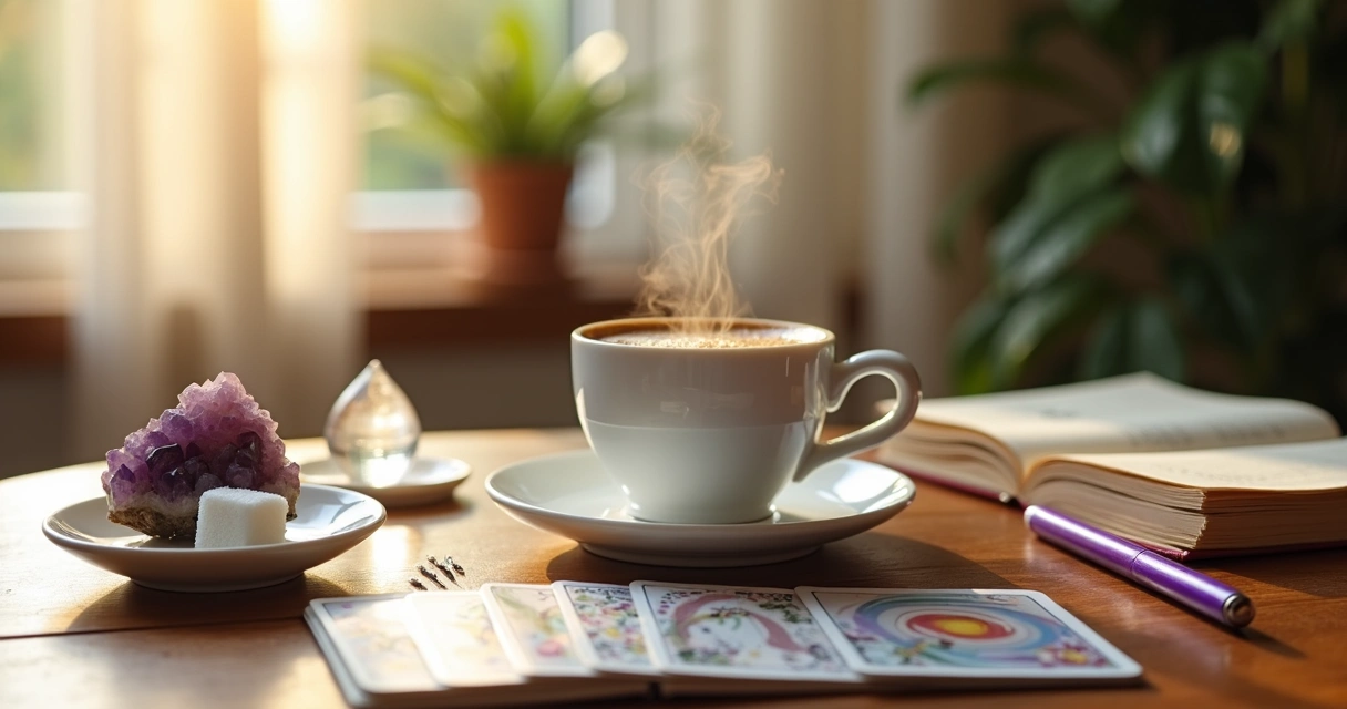 Xícara de café fumegante em ritual matinal com cartas e cristais