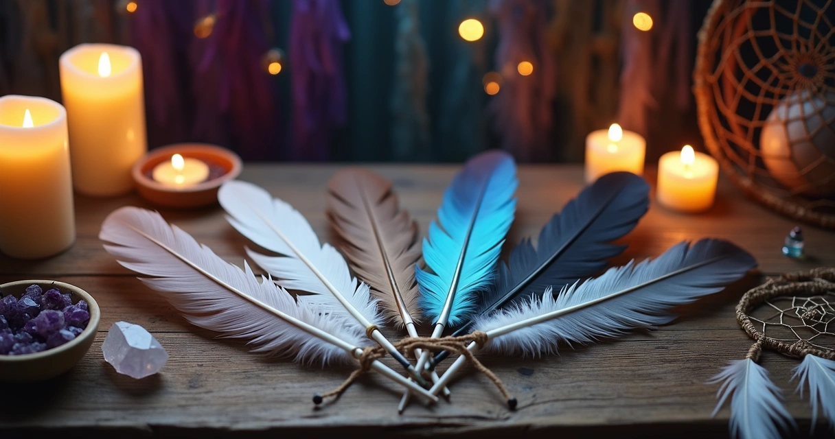 Penas coloridas em altar espiritual com velas e cristais para proteção energética