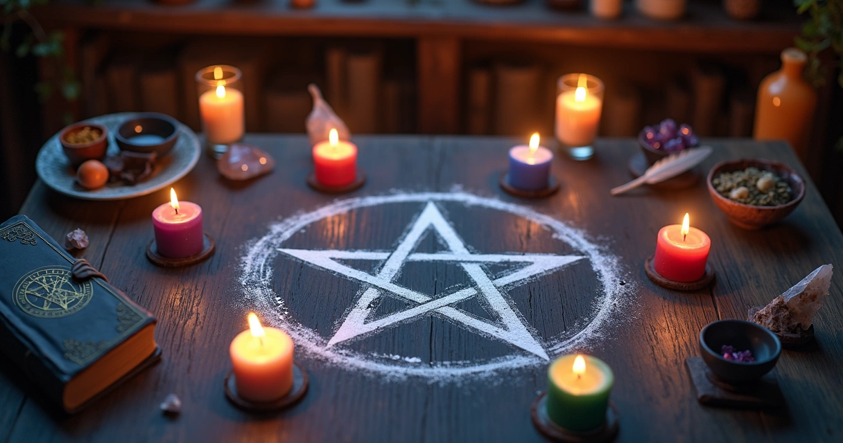 Pentagrama desenhado em círculo com velas e cristais em ritual de proteção