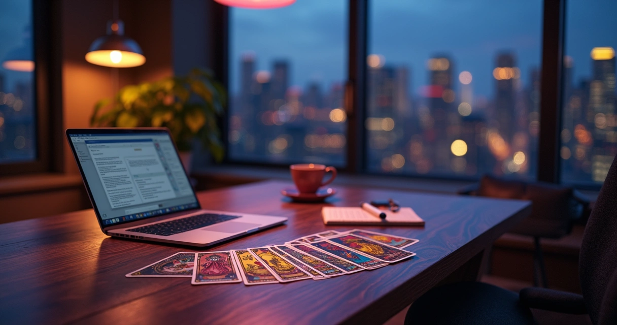 Consulta de tarot cigano sobre carreira em mesa com cartas e laptop