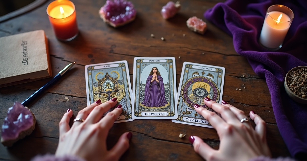 Três cartas de tarot sobre mesa com mãos femininas escolhendo uma carta